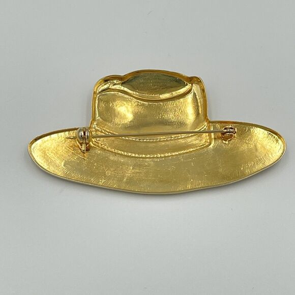 Cowboy Hat Engraved Vintage Gold Tone Brooch Pin Rodeo Yellowstone Western - Picture 4 of 5
